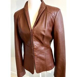 Leather Brown Jacket Blazer Quiet Luxury Minimalist Retro Chic Classic Shiny L